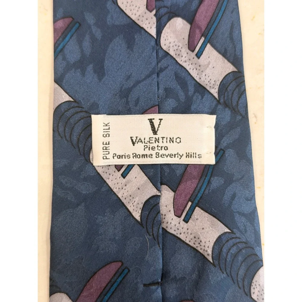 Valentino Pietro Mens Blue Abstract Geometric Pure Silk‎ Necktie Hand Made USA
